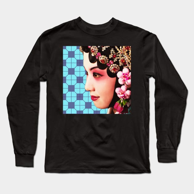 Chinese Opera Star with Blue Tile Floor Pattern- Hong Kong Retro Long Sleeve T-Shirt by CRAFTY BITCH
